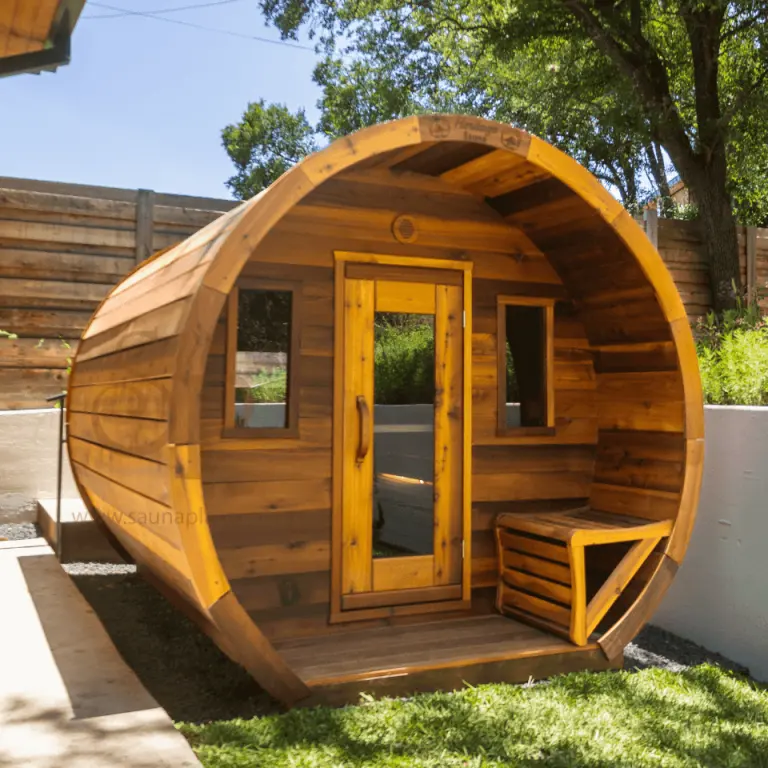 8 Person Flat Barrel Outdoor Sauna | Heritage Sauna®